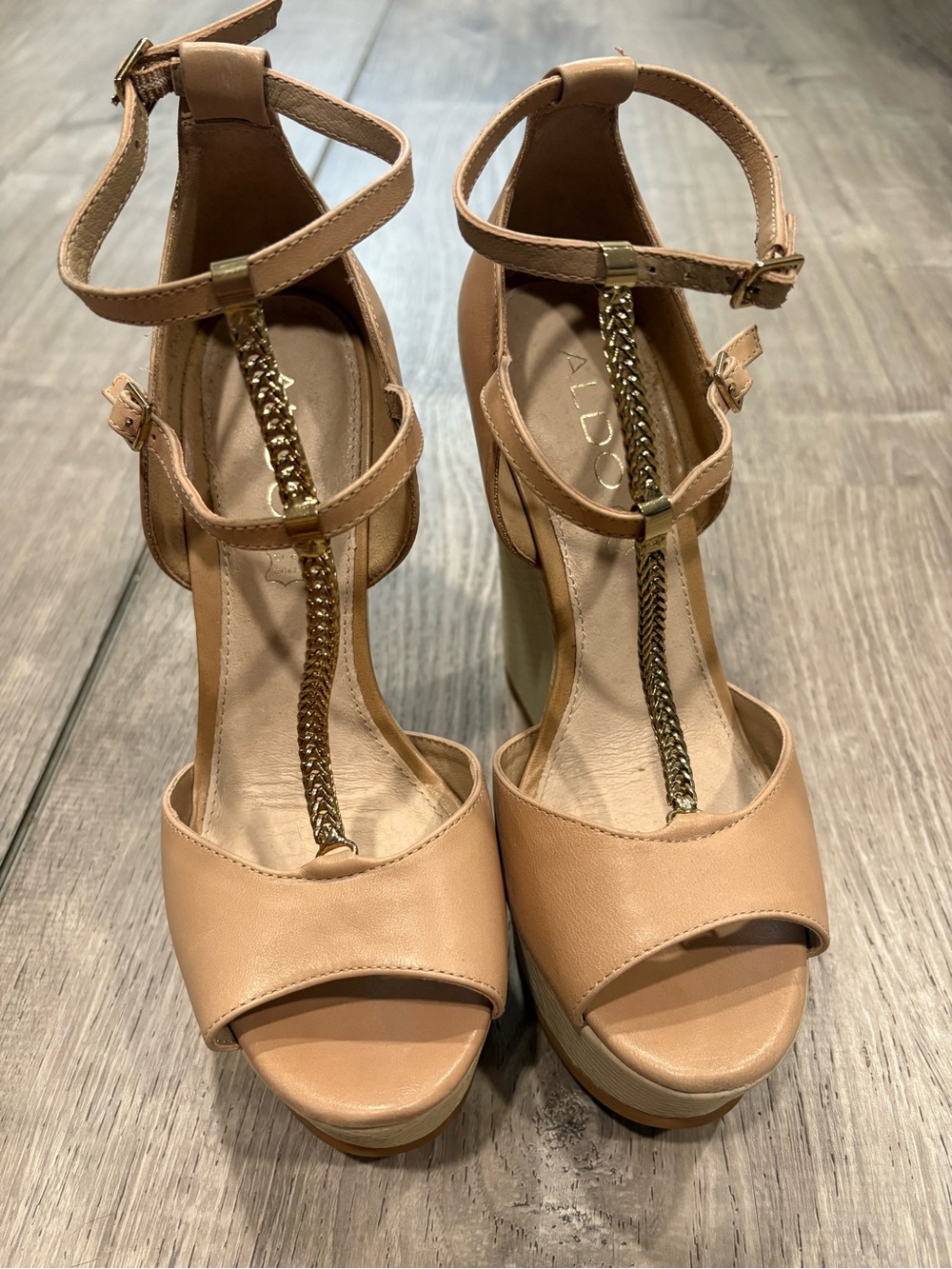 ALDO Nude Tan T-Strap Platform Heels with Gold Chain